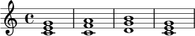 
\relative c' {
  \key c \major
  \time 4/4
  <c e g>1 |
  <c f a>1 |
  <d g b>1 |
  <c e g>1 |
}
