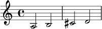 \relative c' {
\time 4/4
a2 b |
cis2 d |
}