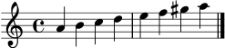 \score {
\new Staff {
\clef treble
\key a \minor
\time 4/4
a'4 b' c'' d'' e'' f'' gis'' a'' \bar "|."
}
\layout { }
\midi { \tempo 4 = 72 }
}
