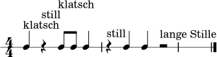 \version "2.22.0"
\paper { indent = 0\mm line-width = 135\mm }
\header { tagline = ##f }
\score {
\new RhythmicStaff {
\numericTimeSignature
\time 4/4
c'4^\markup { "klatsch" } r4^\markup { "still" } c'8^\markup { "klatsch" } c'8 c'4 r4^\markup { "still" } |
c'4 c'4 r2^\markup { "lange Stille" } \bar "|."
}
\layout { }
\midi { \tempo 4 = 84 }
}