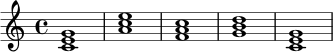 \chordmode {
c1 | a1:m | f1 | g1 | c1 |
}