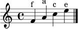 \relative c' { \clef treble \time 4/4 f4^\markup "f" a^\markup "a" c^\markup "c" e^\markup "e" \bar "|." }