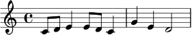 \relative c' {
\time 4/4
c8 d e4 e8 d c4 |
g'4 e d2 |
}