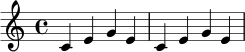 
\relative c' {
  \time 4/4
  \key c \major
  c4 e g e | c4 e g e |
}
