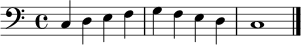 
\relative c {
  \clef bass
  \key c \major
  \time 4/4
  c4 d e f | g f e d | c1 \bar "|."
}
