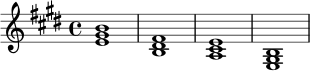 \relative c' {
\key e \major
\time 4/4
<e gis b>1 |
<b dis fis>1 |
<a cis e>1 |
<e gis b>1 |
}