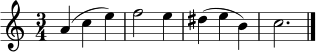 \relative c'' { \set Staff.midiInstrument = "violin" \key a \minor \time 3/4 a4( c e) | f2 e4 | dis4( e b) | c2. \bar "|." }