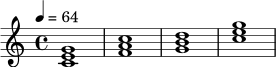 \relative c' {
\key c \major
\time 4/4
\tempo 4 = 64
<c e g>1 |
<f a c>1 |
<g b d>1 |
<c e g>1
}