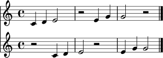 
\language "deutsch"
<<
  \new Staff = "StimmeA" \relative c' { \clef treble \key c \major \time 4/4 c4 d e2 | r2 e4 g | g2 r2 \bar "|." }
  \new Staff = "StimmeB" \relative c' { \clef treble \key c \major \time 4/4 r2 c4 d | e2 r2 | e4 g g2 \bar "|." }
>>

