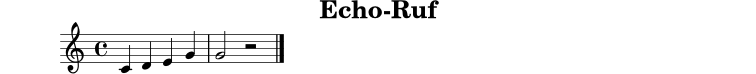 
X:1
T:Echo-Ruf
M:4/4
L:1/4
K:C
C D E G|G2 z2|]
