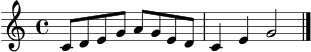 \version "2.22.0"
\language "deutsch"
\header { tagline = "" }
\score {
\new Staff \relative c' {
\clef treble
\time 4/4
c8 d e g
a g e d
c4 e
g2
\bar "|."
}
\layout { }
\midi { \tempo 4 = 92 }
}