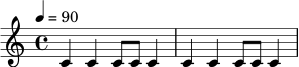 
\version "2.24.0"
\drummode {
  \tempo 4 = 90
  \time 4/4
  bd4 sn bd8 bd sn4 |
  bd4 sn bd8 sn bd4 |
}
