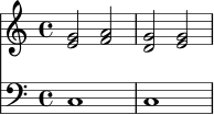 
<<
  \new Staff \relative c' {
    \key c \major
    \time 4/4
    <e g>2 <f a> | <d g> <e g> |
  }
  \new Staff \relative c {
    \clef bass
    c1 | c |
  }
>>
