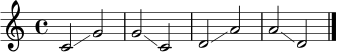 \relative c' {
\time 4/4
c2\glissando g' | g2\glissando c, | d2\glissando a' | a2\glissando d, \bar "|."
}