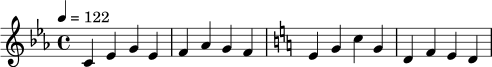 \relative c' {
\key c \minor
\time 4/4
\tempo 4 = 122
c4 ees g ees |
f4 aes g f |
\key c \major
e4 g c g |
d4 f e d |
}
