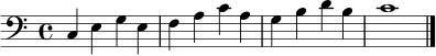 \relative c { \clef bass \time 4/4 c4 e g e | f a c a | g b d b | c1 \bar "|." }