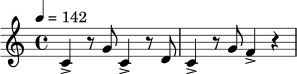 \relative c' {
\tempo 4 = 142
\time 4/4
c4-> r8 g'8 c,4-> r8 d8 |
c4-> r8 g'8 f4-> r4 |
}