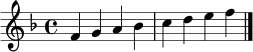 \relative c' { \clef treble \key f \major \time 4/4 f4 g a bes c d e f \bar "|." }