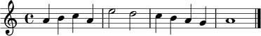 \relative c'' {
\clef treble
\key a \minor
\time 4/4
a4 b c a | e'2 d | c4 b a g | a1 \bar "|."
}