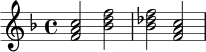 \relative c' {
\key f \major
\time 4/4
<f a c>2 <bes d f>2
<bes des f>2 <f a c>2
}