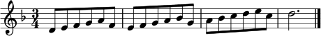 \relative c' { \clef treble \key d \minor \time 3/4 d8 e f g a f | e f g a bes g | a bes c d e c | d2. \bar "|." }