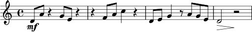 
\relative c' {
  \time 4/4
  d8\mf a' r4 g8 e r4 |
  r4 f8 a c4 r |
  d,8 e g4 r8 a g e |
  d2\> r2\!
}
