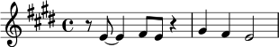 \relative c' {
\key e \major
\time 4/4
r8 e8~ e4 fis8 e r4 | gis4 fis e2 |
}