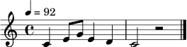 \relative c' { \set Staff.midiInstrument = "acoustic grand" \tempo 4 = 92 \clef treble \time 4/4 c4 e8 g8 e4 d4 | c2 r2 \bar "|." }