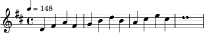 \relative c' {
\key d \major
\time 4/4
\tempo 4 = 148
d4 fis a fis |
g4 b d b |
a4 cis e cis |
d1
}