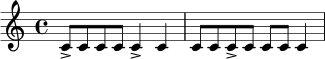 \relative c' {
\time 4/4
c8-> c c c c4-> c |
c8 c c-> c c c c4
}