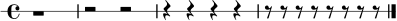 
\new RhythmicStaff {
  \time 4/4
  r1 |
  r2 r2 |
  r4 r4 r4 r4 |
  r8 r8 r8 r8 r8 r8 r8 r8 |
  \bar "|."
}
