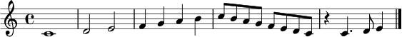 
\relative c' {
  \clef treble
  \time 4/4
  c1 | d2 e2 | f4 g a b | c8 b a g f e d c | r4 c4. d8 e4 \bar "|."
}
