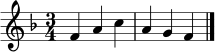 \relative c' {
\time 3/4
\key f \major
f4 a c
a g f
\bar "|."
}