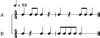 \version "2.22.0"
\header { tagline = "" }
\score {
<<
\new RhythmicStaff \with { instrumentName = "A" } {
\numericTimeSignature
\time 4/4
\tempo 4 = 88
c4 c8 c8 c4 r4 | c4 r4 c8 c8 c4 \bar "|."
}
\new RhythmicStaff \with { instrumentName = "B" } {
\numericTimeSignature
\time 4/4
c4 r4 c4 c4 | c8 c8 c8 c8 c2 \bar "|."
}
>>
\layout { }
\midi { }
}