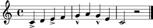 \relative c' { \time 4/4 c4-> d e-> f | g4-^ a g-^ e | c2 r2 \bar "|." }