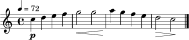 \relative c'' {
\key c \major
\time 4/4
\tempo 4 = 72
c4\p d e f | g2\< g |
a4\! g f e | d2\> c\! \bar "|."
}