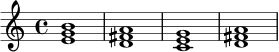 \relative c' {
\time 4/4
<e g b>1 |
<d fis a>1 |
<c e g>1 |
<d fis a>1 |
}