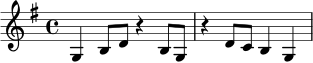 \relative c' {
\key g \major
\time 4/4
g4 b8 d r4 b8 g |
r4 d'8 c b4 g |
}