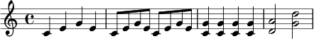\relative c' {
\time 4/4
c4 e g e |
c8 e g e c e g e |
<c g'>4 <c g'> <c g'> <c g'> |
<d a'>2 <g d'>2
}