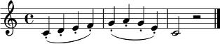 \relative c' { \time 4/4 c4-.( d-. e-. f-.) | g4-.( a-. g-. e-.) | c2 r2 \bar "|." }