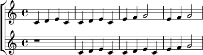 \new ChoirStaff <<
\new Staff {
\relative c' {
\key c \major
\time 4/4
c4 d e c | c d e c | e f g2 | e4 f g2
}
}
\new Staff {
\relative c' {
\key c \major
\time 4/4
r1 | c4 d e c | c d e c | e f g2
}
}
>>