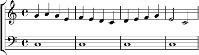\new ChoirStaff <<
\new Staff {
\relative c'' {
\key c \major
\time 4/4
g4 a g e | f e d c | d e f g | e2 c
}
}
\new Staff {
\clef bass
\relative c {
\key c \major
\time 4/4
c1 | c | c | c
}
}
>>