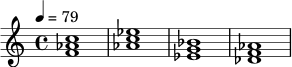 \chordmode {
\time 4/4
\tempo 4 = 79
f1:m aes1 ees1 des1
}