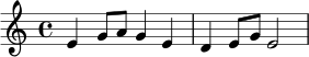 \relative c' {
\time 4/4
\key c \major
e4 g8 a g4 e |
d4 e8 g e2 |
}