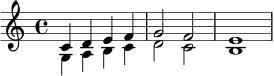 \new Staff <<
\new Voice = "cantus" { \voiceOne c'4 d' e' f' g'2 f'2 e'1 }
\new Voice = "organum" { \voiceTwo g4 a b c' d'2 c'2 b1 }
>>