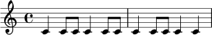 
\relative c' {
  \time 4/4
  c4 c8 c c4 c8 c |
  c4 c8 c c4 c |
}

