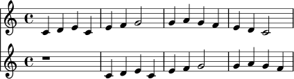 <<
\new Staff {
\clef treble
\key c \major
\time 4/4
c'4 d' e' c' | e'4 f' g'2 | g'4 a' g' f' | e'4 d' c'2
}
\new Staff {
\clef treble
\key c \major
\time 4/4
r1 | c'4 d' e' c' | e'4 f' g'2 | g'4 a' g' f'
}
>>
