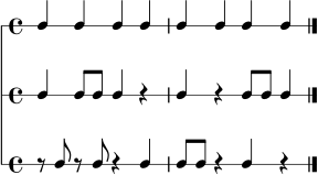 \version "2.22.0"
\score {
<<
\new RhythmicStaff {
\time 4/4
c4 c4 c4 c4 | c4 c4 c4 c4 \bar "|."
}
\new RhythmicStaff {
\time 4/4
c4 c8 c8 c4 r4 | c4 r4 c8 c8 c4 \bar "|."
}
\new RhythmicStaff {
\time 4/4
r8 c8 r8 c8 r4 c4 | c8 c8 r4 c4 r4 \bar "|."
}
>>
\layout { }
\midi { \tempo 4 = 88 }
}