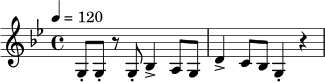 \relative c' {
\key g \minor
\time 4/4
\tempo 4 = 120
g8-. g-. r8 g-. bes4-> a8 g |
d'4-> c8 bes g4-. r4 |
}