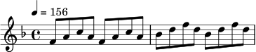 \relative c' {
\key f \major
\time 4/4
\tempo 4 = 156
f8 a c a f a c a |
bes d f d bes d f d |
}